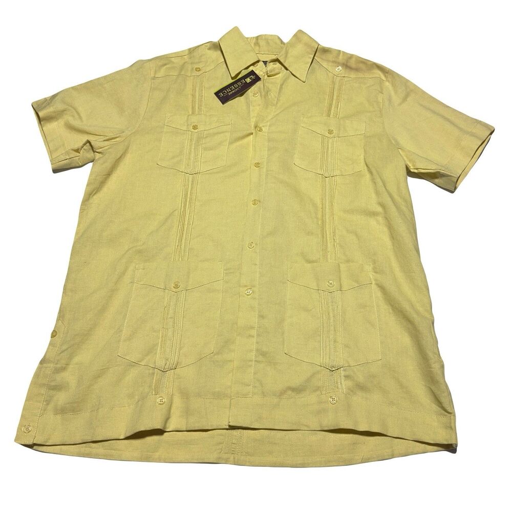 L'homme Essence Men’s 100% Linen Yellow Short Sleeve Button up Shirt Size L NWT